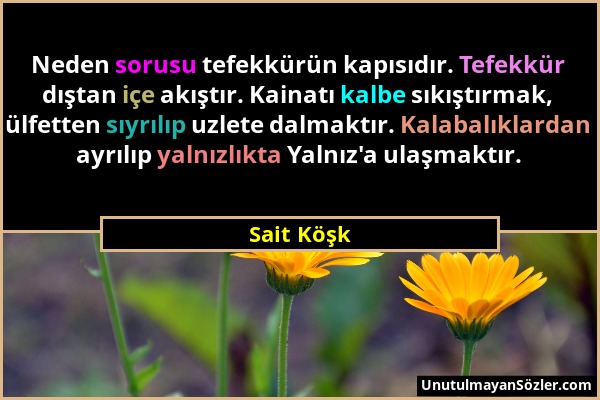 Sait Köşk - Neden sorusu tefekkürün kapısıdır. Tefekkür dıştan içe akıştır. Kainatı kalbe sıkıştırmak, ülfetten sıyrılıp uzlete dalmaktır. Kalabalıkla...