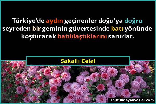 Sakallı Celal - Türkiye'de aydın geçinenler doğu'ya doğru seyreden bir geminin güvertesinde batı yönünde koşturarak batılılaştıklarını sanırlar....