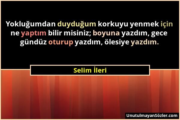 Selim İleri - Yokluğumdan duyduğum korkuyu yenmek için ne yaptım bilir misiniz; boyuna yazdım, gece gündüz oturup yazdım, ölesiye yazdım....