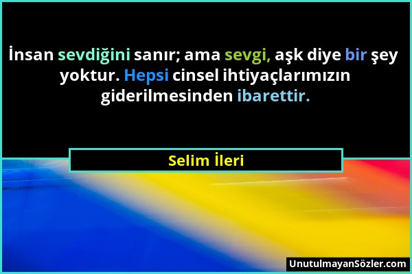 Selim İleri - İnsan sevdiğini sanır; ama sevgi, aşk diye bir şey yoktur. Hepsi cinsel ihtiyaçlarımızın giderilmesinden ibarettir....