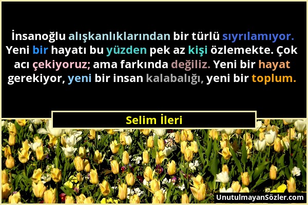 Selim İleri - İnsanoğlu alışkanlıklarından bir türlü sıyrılamıyor. Yeni bir hayatı bu yüzden pek az kişi özlemekte. Çok acı çekiyoruz; ama farkında de...