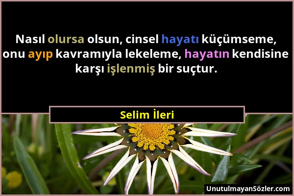 Selim İleri - Nasıl olursa olsun, cinsel hayatı küçümseme, onu ayıp kavramıyla lekeleme, hayatın kendisine karşı işlenmiş bir suçtur....