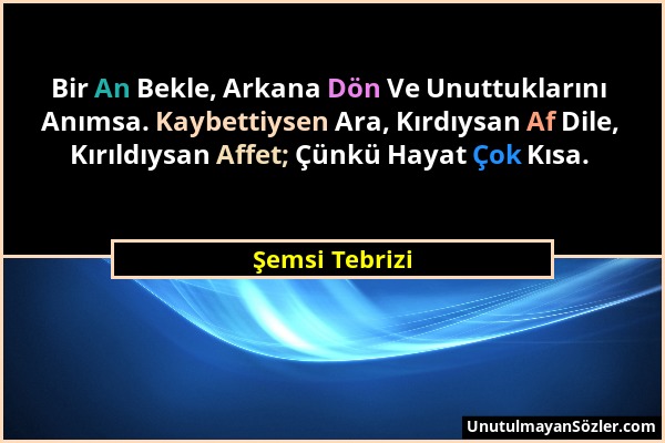 Şemsi Tebrizi - Bir An Bekle, Arkana Dön Ve Unuttuklarını Anımsa. Kaybettiysen Ara, Kırdıysan Af Dile, Kırıldıysan Affet; Çünkü Hayat Çok Kısa....