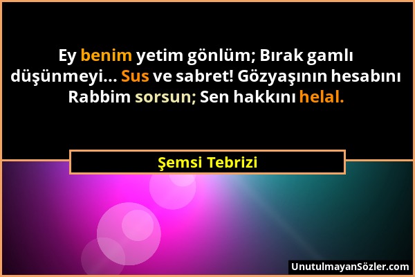 Şemsi Tebrizi - Ey benim yetim gönlüm; Bırak gamlı düşünmeyi... Sus ve sabret! Gözyaşının hesabını Rabbim sorsun; Sen hakkını helal....