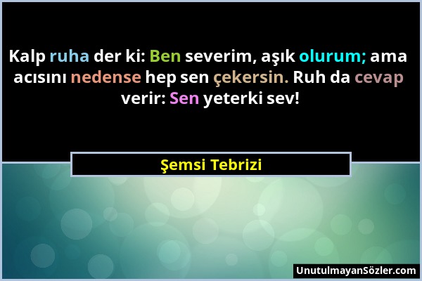 Şemsi Tebrizi - Kalp ruha der ki: Ben severim, aşık olurum; ama acısını nedense hep sen çekersin. Ruh da cevap verir: Sen yeterki sev!...