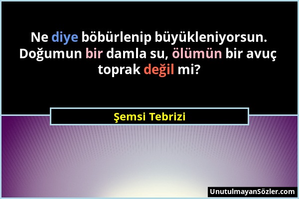 Şemsi Tebrizi - Ne diye böbürlenip büyükleniyorsun. Doğumun bir damla su, ölümün bir avuç toprak değil mi?...