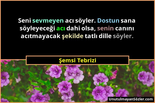 Şemsi Tebrizi - Seni sevmeyen acı söyler. Dostun sana söyleyeceği acı dahi olsa, senin canını acıtmayacak şekilde tatlı dille söyler....