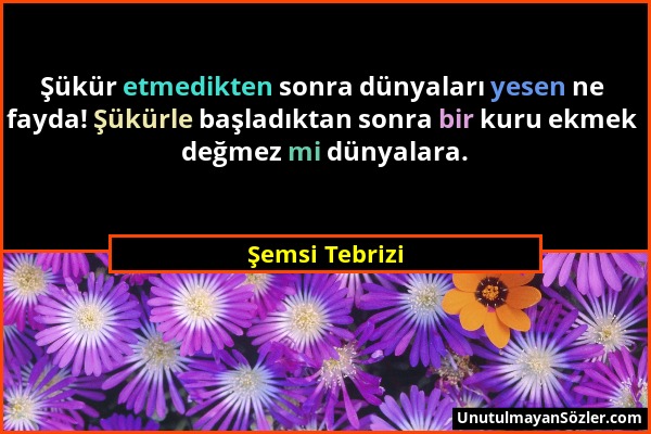 Şemsi Tebrizi - Şükür etmedikten sonra dünyaları yesen ne fayda! Şükürle başladıktan sonra bir kuru ekmek değmez mi dünyalara....