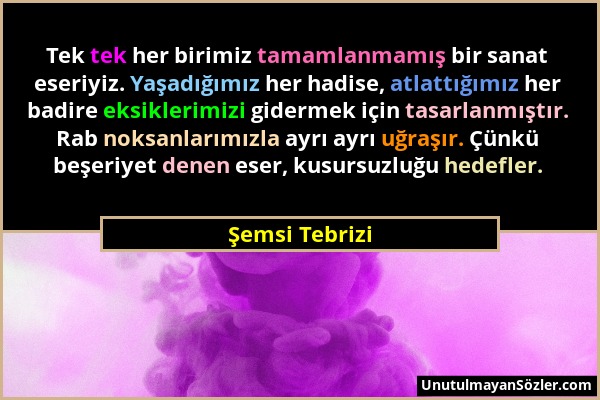 Şemsi Tebrizi - Tek tek her birimiz tamamlanmamış bir sanat eseriyiz. Yaşadığımız her hadise, atlattığımız her badire eksiklerimizi gidermek için tasa...