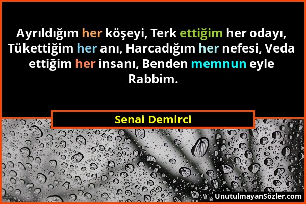 Senai Demirci - Ayrıldığım her köşeyi, Terk ettiğim her odayı, Tükettiğim her anı, Harcadığım her nefesi, Veda ettiğim her insanı, Benden memnun eyle...