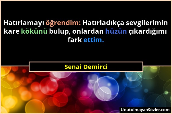 Senai Demirci - Hatırlamayı öğrendim: Hatırladıkça sevgilerimin kare kökünü bulup, onlardan hüzün çıkardığımı fark ettim....