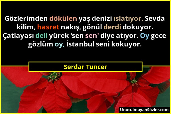 Serdar Tuncer - Gözlerimden dökülen yaş denizi ıslatıyor. Sevda kilim, hasret nakış, gönül derdi dokuyor. Çatlayası deli yürek 'sen sen' diye atıyor....