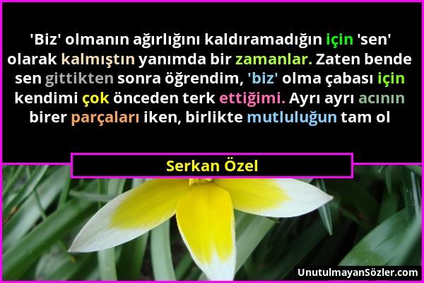 Serkan Özel - 'Biz' olmanın ağırlığını kaldıramadığın için 'sen' olarak kalmıştın yanımda bir zamanlar. Zaten bende sen gittikten sonra öğrendim, 'biz...