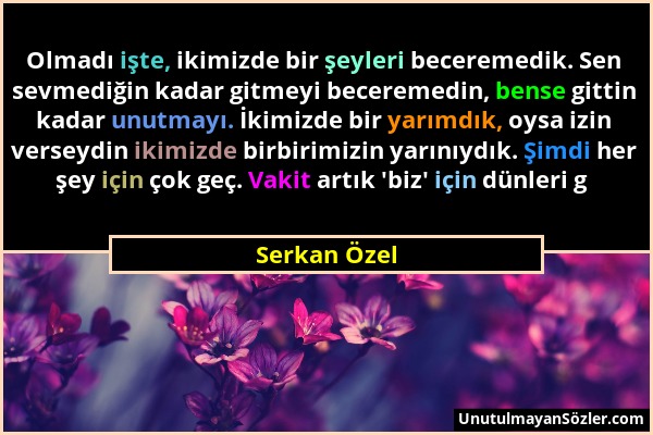 Serkan Özel - Olmadı işte, ikimizde bir şeyleri beceremedik. Sen sevmediğin kadar gitmeyi beceremedin, bense gittin kadar unutmayı. İkimizde bir yarım...