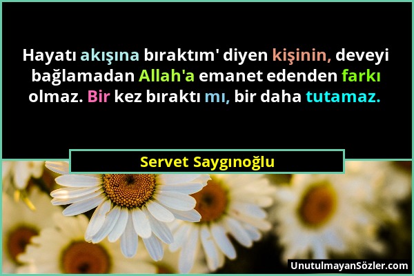 Servet Saygınoğlu - Hayatı akışına bıraktım' diyen kişinin, deveyi bağlamadan Allah'a emanet edenden farkı olmaz. Bir kez bıraktı mı, bir daha tutamaz...