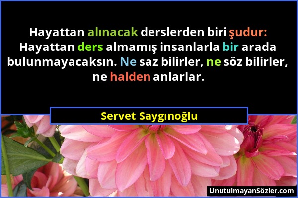 Servet Saygınoğlu - Hayattan alınacak derslerden biri şudur: Hayattan ders almamış insanlarla bir arada bulunmayacaksın. Ne saz bilirler, ne söz bilir...