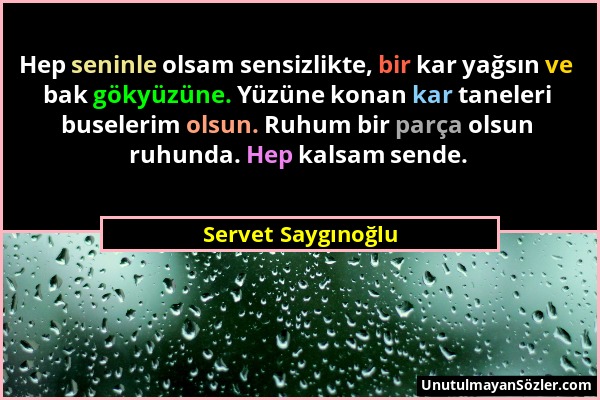 Servet Saygınoğlu - Hep seninle olsam sensizlikte, bir kar yağsın ve bak gökyüzüne. Yüzüne konan kar taneleri buselerim olsun. Ruhum bir parça olsun r...