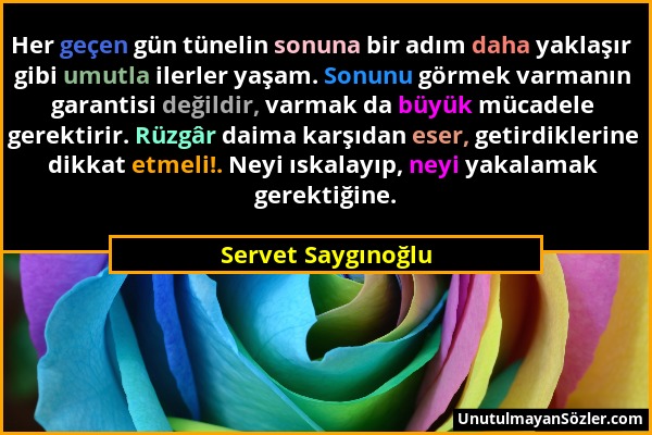 Servet Saygınoğlu - Her geçen gün tünelin sonuna bir adım daha yaklaşır gibi umutla ilerler yaşam. Sonunu görmek varmanın garantisi değildir, varmak d...