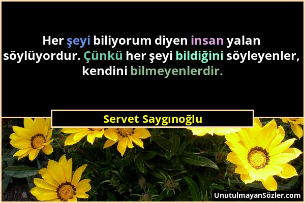 Servet Saygınoğlu - Her şeyi biliyorum diyen insan yalan söylüyordur. Çünkü her şeyi bildiğini söyleyenler, kendini bilmeyenlerdir....