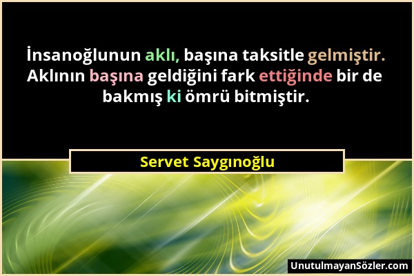 Servet Saygınoğlu - İnsanoğlunun aklı, başına taksitle gelmiştir. Aklının başına geldiğini fark ettiğinde bir de bakmış ki ömrü bitmiştir....