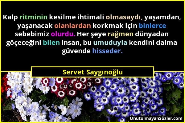 Servet Saygınoğlu - Kalp ritminin kesilme ihtimali olmasaydı, yaşamdan, yaşanacak olanlardan korkmak için binlerce sebebimiz olurdu. Her şeye rağmen d...