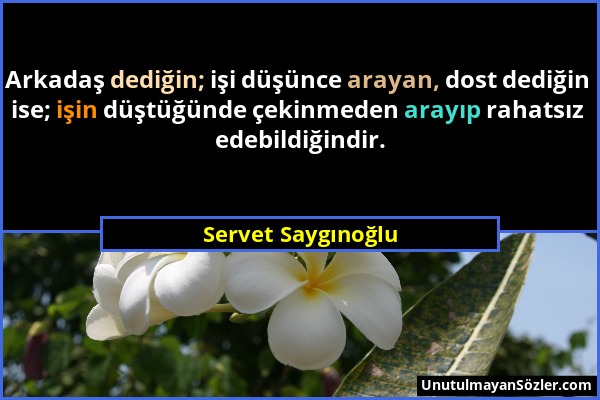 Servet Saygınoğlu - Arkadaş dediğin; işi düşünce arayan, dost dediğin ise; işin düştüğünde çekinmeden arayıp rahatsız edebildiğindir....