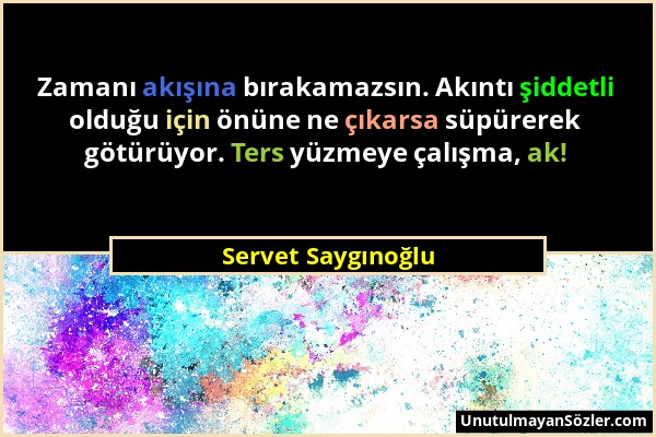 Servet Saygınoğlu - Zamanı akışına bırakamazsın. Akıntı şiddetli olduğu için önüne ne çıkarsa süpürerek götürüyor. Ters yüzmeye çalışma, ak!...