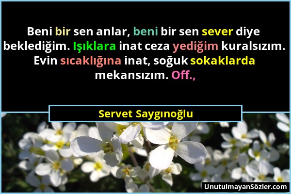 Servet Saygınoğlu - Beni bir sen anlar, beni bir sen sever diye beklediğim. Işıklara inat ceza yediğim kuralsızım. Evin sıcaklığına inat, soğuk sokakl...