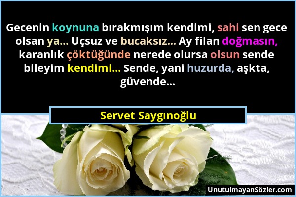 Servet Saygınoğlu - Gecenin koynuna bırakmışım kendimi, sahi sen gece olsan ya... Uçsuz ve bucaksız... Ay filan doğmasın, karanlık çöktüğünde nerede o...