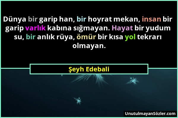 Şeyh Edebali - Dünya bir garip han, bir hoyrat mekan, insan bir garip varlık kabına sığmayan. Hayat bir yudum su, bir anlık rüya, ömür bir kısa yol te...