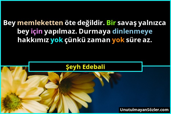 Şeyh Edebali - Bey memleketten öte değildir. Bir savaş yalnızca bey için yapılmaz. Durmaya dinlenmeye hakkımız yok çünkü zaman yok süre az....