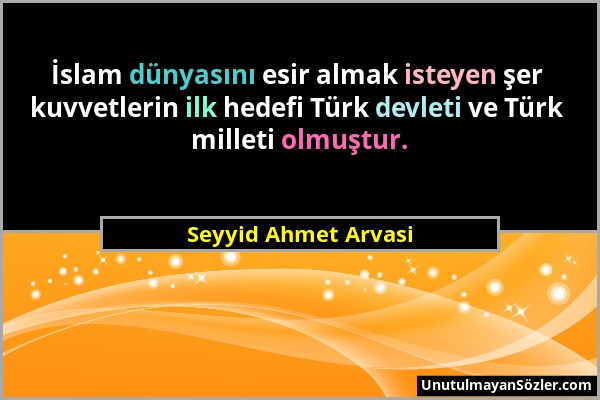 Seyyid Ahmet Arvasi - İslam dünyasını esir almak isteyen şer kuvvetlerin ilk hedefi Türk devleti ve Türk milleti olmuştur....