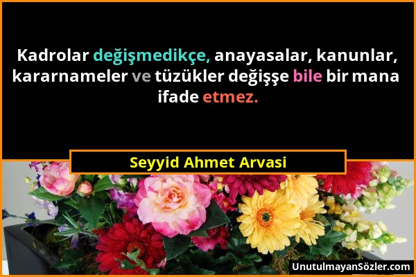 Seyyid Ahmet Arvasi - Kadrolar değişmedikçe, anayasalar, kanunlar, kararnameler ve tüzükler değişşe bile bir mana ifade etmez....