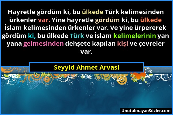 Seyyid Ahmet Arvasi - Hayretle gördüm ki, bu ülkede Türk kelimesinden ürkenler var. Yine hayretle gördüm ki, bu ülkede İslam kelimesinden ürkenler var...