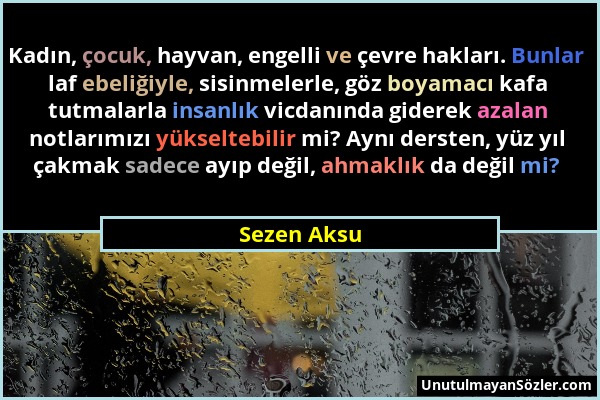 Sezen Aksu - Kadın, çocuk, hayvan, engelli ve çevre hakları. Bunlar laf ebeliğiyle, sisinmelerle, göz boyamacı kafa tutmalarla insanlık vicdanında gid...