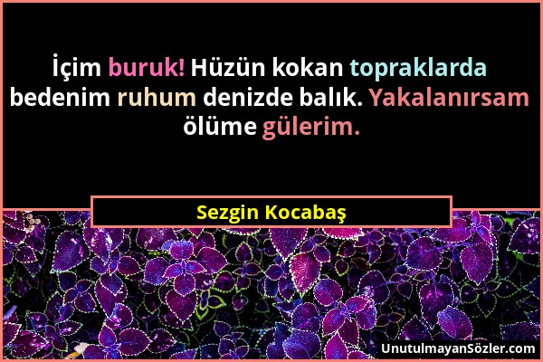 Sezgin Kocabaş - İçim buruk! Hüzün kokan topraklarda bedenim ruhum denizde balık. Yakalanırsam ölüme gülerim....