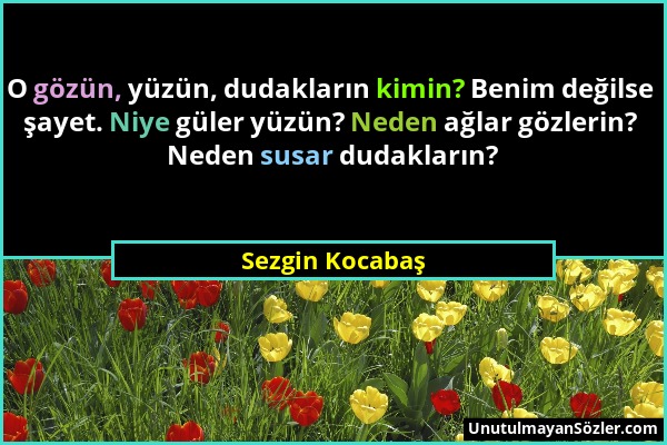 Sezgin Kocabaş - O gözün, yüzün, dudakların kimin? Benim değilse şayet. Niye güler yüzün? Neden ağlar gözlerin? Neden susar dudakların?...