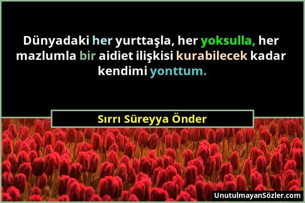Sırrı Süreyya Önder - Dünyadaki her yurttaşla, her yoksulla, her mazlumla bir aidiet ilişkisi kurabilecek kadar kendimi yonttum....