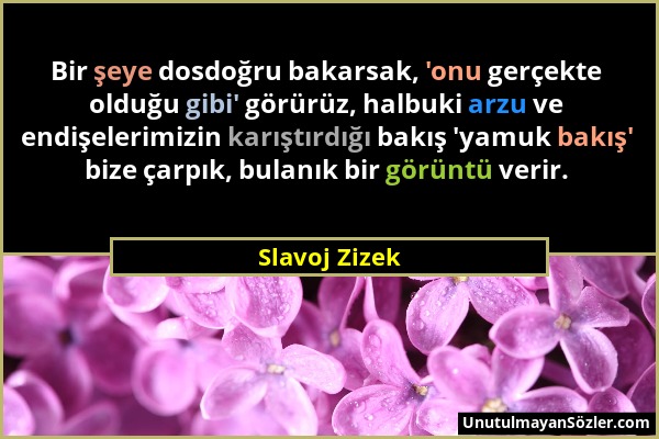 Slavoj Zizek - Bir şeye dosdoğru bakarsak, 'onu gerçekte olduğu gibi' görürüz, halbuki arzu ve endişelerimizin karıştırdığı bakış 'yamuk bakış' bize ç...