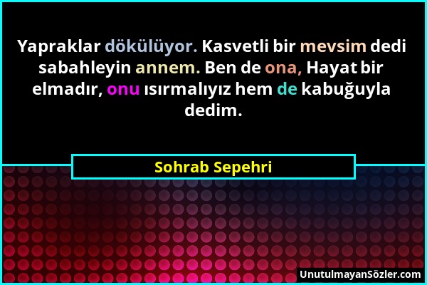 Sohrab Sepehri - Yapraklar dökülüyor. Kasvetli bir mevsim dedi sabahleyin annem. Ben de ona, Hayat bir elmadır, onu ısırmalıyız hem de kabuğuyla dedim...