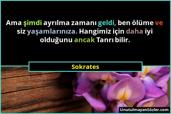 Sokrates - Ama şimdi ayrılma zamanı geldi, ben ölüme ve siz yaşamlarınıza. Hangimiz için daha iyi olduğunu ancak Tanrı bilir....