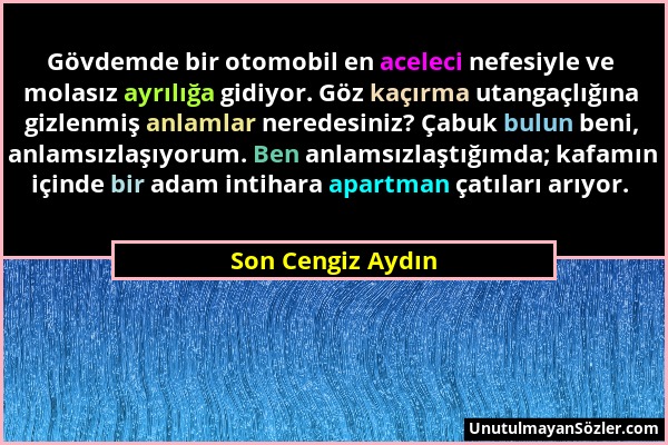 Son Cengiz Aydın - Gövdemde bir otomobil en aceleci nefesiyle ve molasız ayrılığa gidiyor. Göz kaçırma utangaçlığına gizlenmiş anlamlar neredesiniz? Ç...