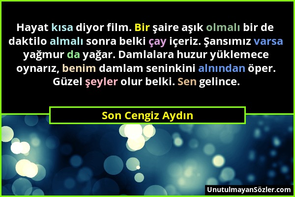 Son Cengiz Aydın - Hayat kısa diyor film. Bir şaire aşık olmalı bir de daktilo almalı sonra belki çay içeriz. Şansımız varsa yağmur da yağar. Damlalar...