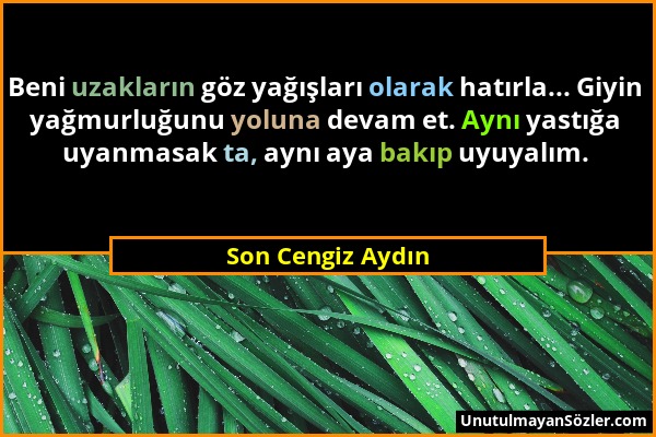 Son Cengiz Aydın - Beni uzakların göz yağışları olarak hatırla... Giyin yağmurluğunu yoluna devam et. Aynı yastığa uyanmasak ta, aynı aya bakıp uyuyal...