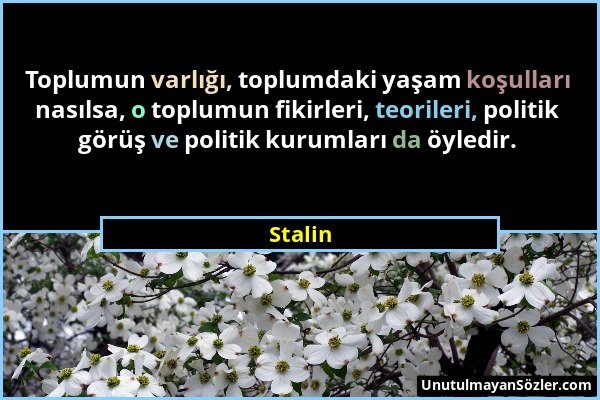 Stalin - Toplumun varlığı, toplumdaki yaşam koşulları nasılsa, o toplumun fikirleri, teorileri, politik görüş ve politik kurumları da öyledir....