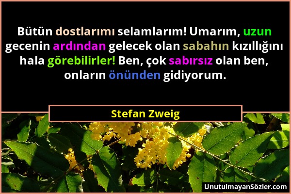 Stefan Zweig - Bütün dostlarımı selamlarım! Umarım, uzun gecenin ardından gelecek olan sabahın kızıllığını hala görebilirler! Ben, çok sabırsız olan b...