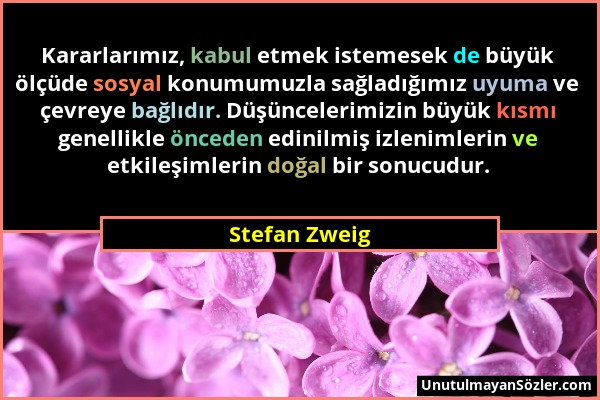 Stefan Zweig - Kararlarımız, kabul etmek istemesek de büyük ölçüde sosyal konumumuzla sağladığımız uyuma ve çevreye bağlıdır. Düşüncelerimizin büyük k...