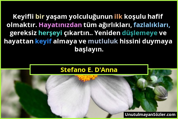 Stefano E. D'Anna - Keyifli bir yaşam yolculuğunun ilk koşulu hafif olmaktır. Hayatınızdan tüm ağırlıkları, fazlalıkları, gereksiz herşeyi çıkartın.....