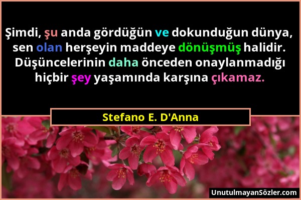 Stefano E. D'Anna - Şimdi, şu anda gördüğün ve dokunduğun dünya, sen olan herşeyin maddeye dönüşmüş halidir. Düşüncelerinin daha önceden onaylanmadığı...