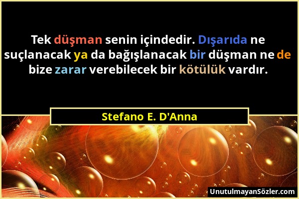 Stefano E. D'Anna - Tek düşman senin içindedir. Dışarıda ne suçlanacak ya da bağışlanacak bir düşman ne de bize zarar verebilecek bir kötülük vardır....